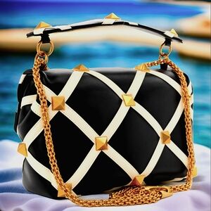 Luxurious Black and White Evening Bag Designer Chain and Gold Studs